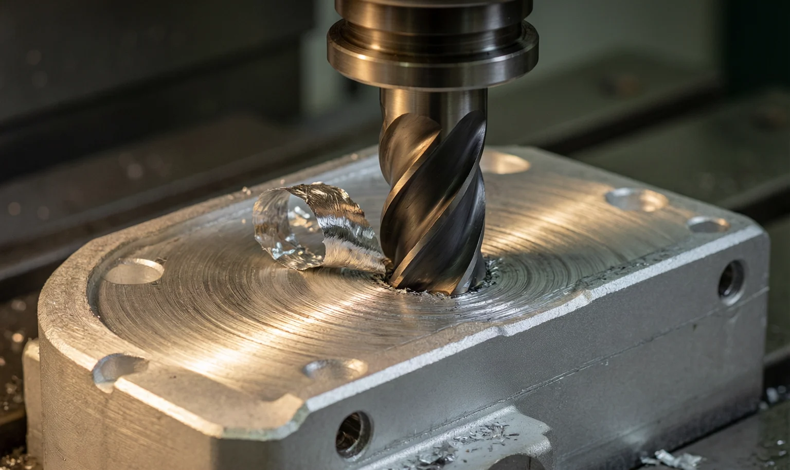A carbide end mill cutting an aluminium part while thin metal chips curl away