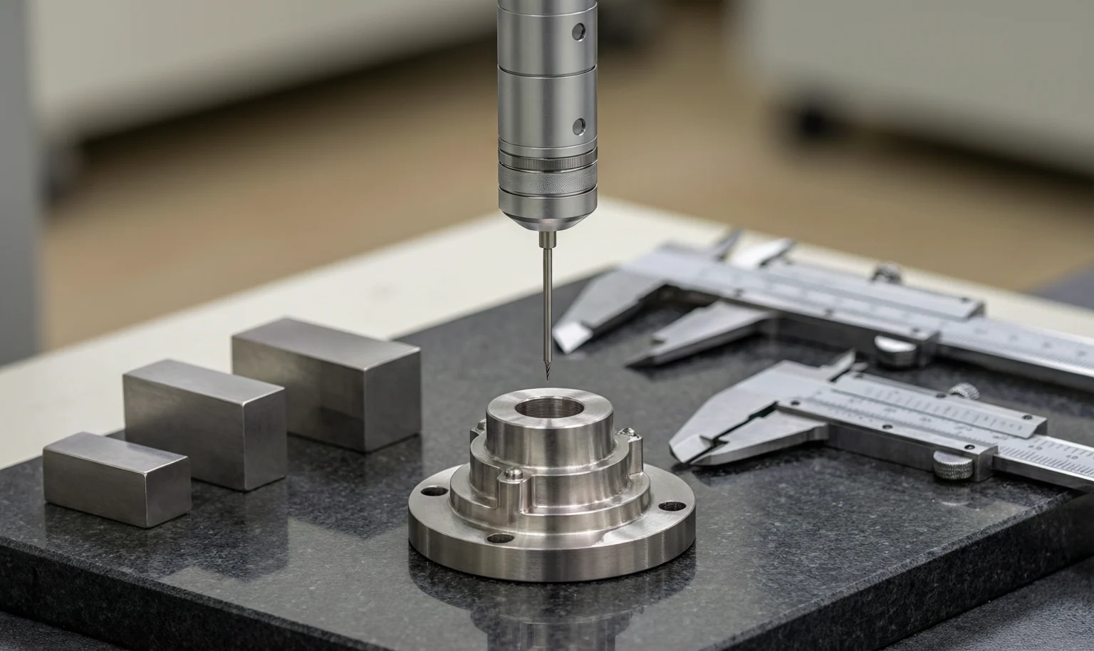 A stainless machined part on a granite plate beneath the probe of a coordinate measuring machine