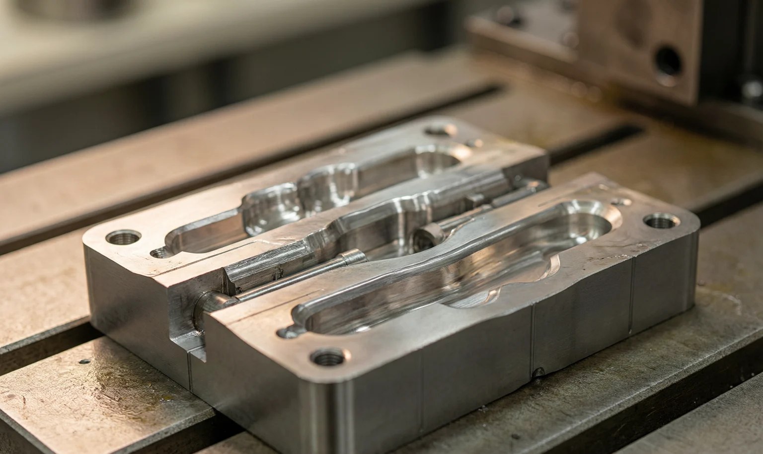 A polished steel mold half with mirror cavity surfaces resting on a machine table