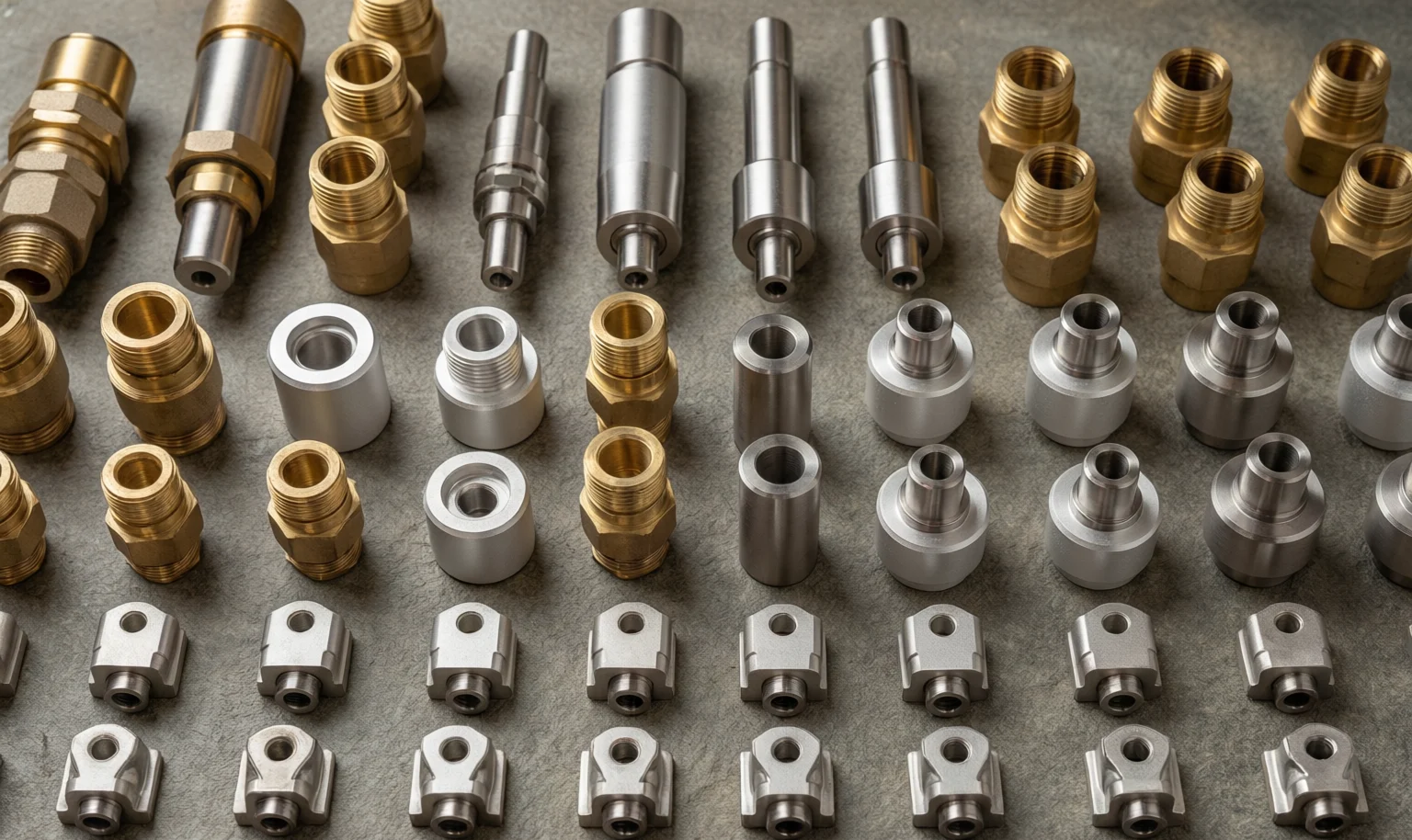 An orderly arrangement of machined brass fittings, aluminium housings and steel shafts on a workbench